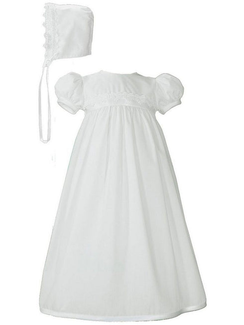 Baby Girls White Poly Cotton Lace Trim Bonnet Christening Gown NB-24M - SophiasStyle.com